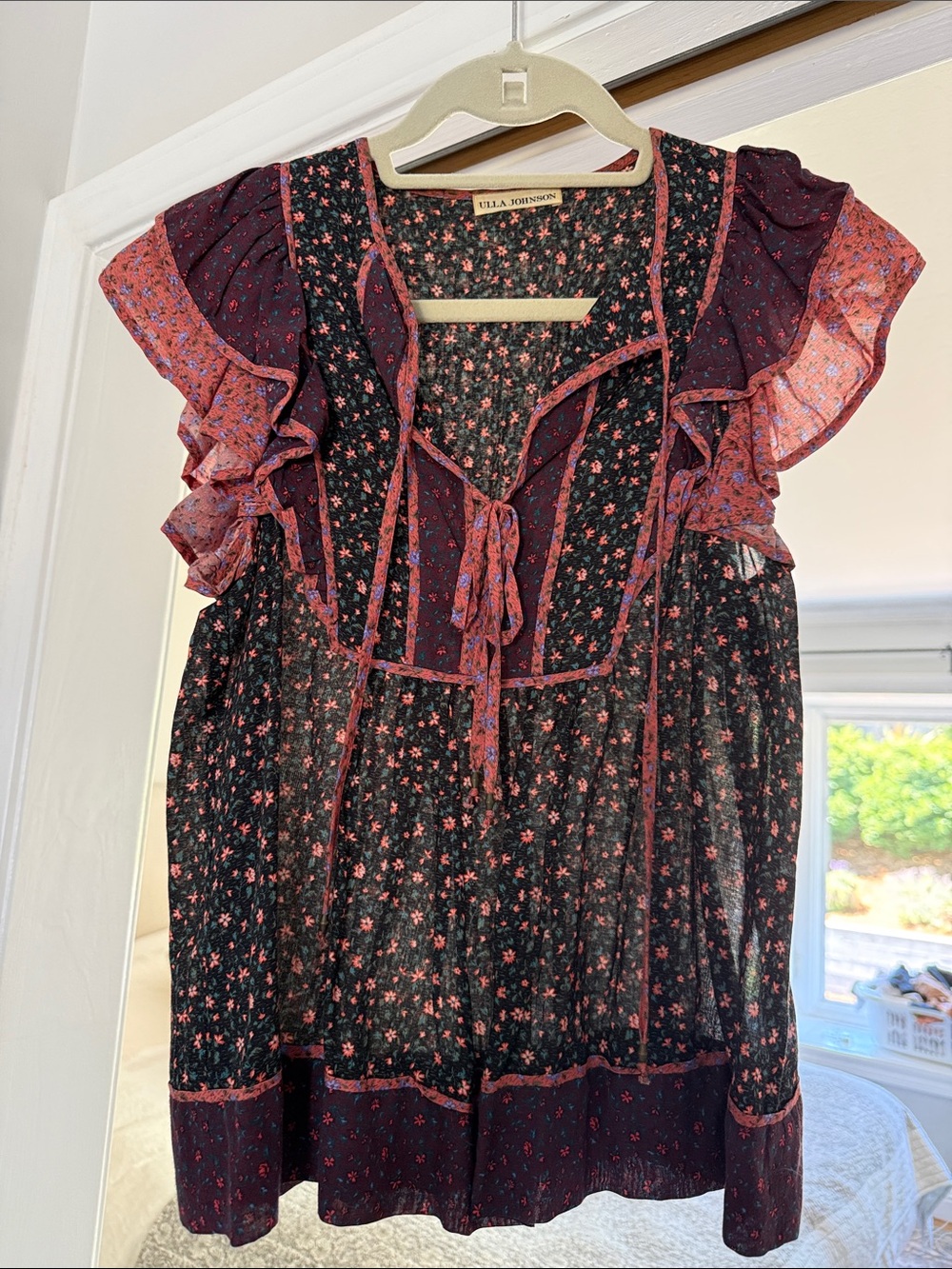 Ulla Johnson Black Floral Ruffle Tie-Neck Blouse with Burgundy Accents